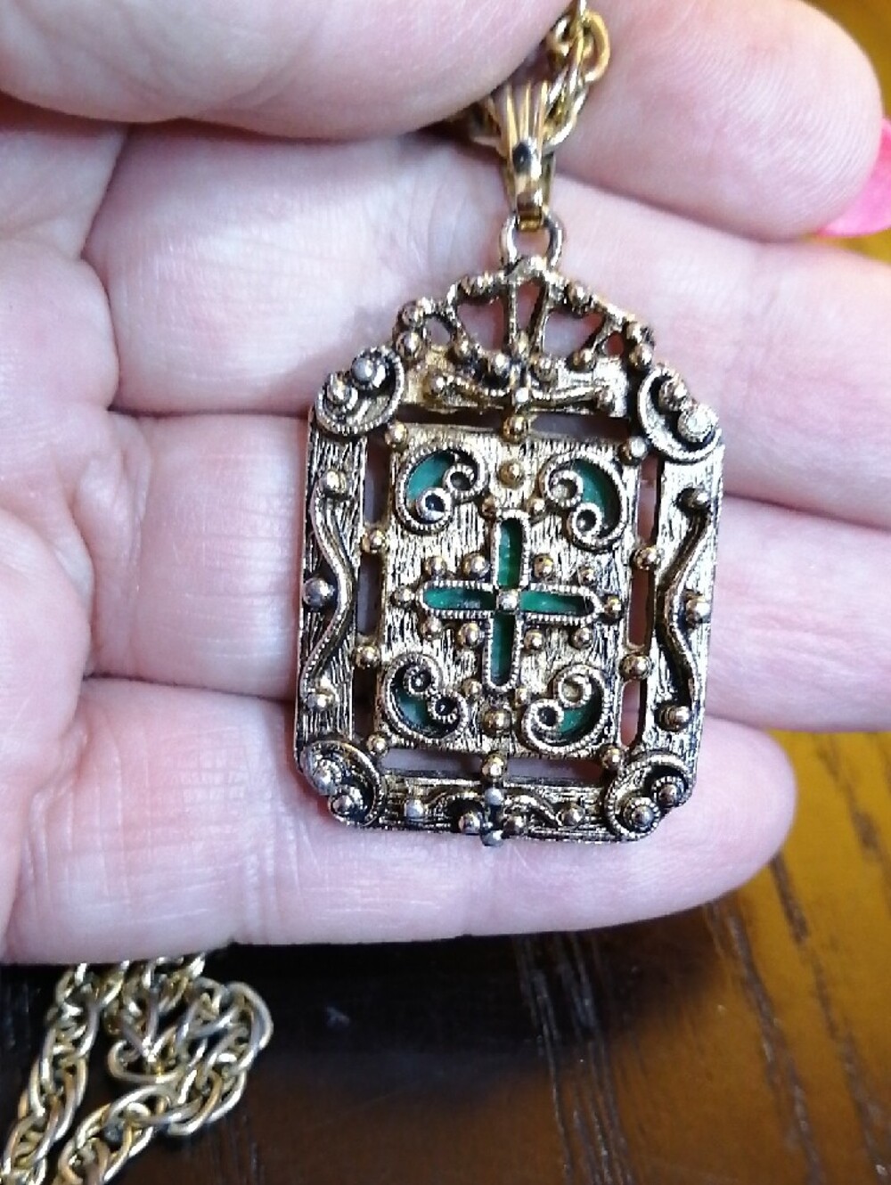 Mystic Reversible Cross And Green Marbled Stone Pendant Necklace 23" Long